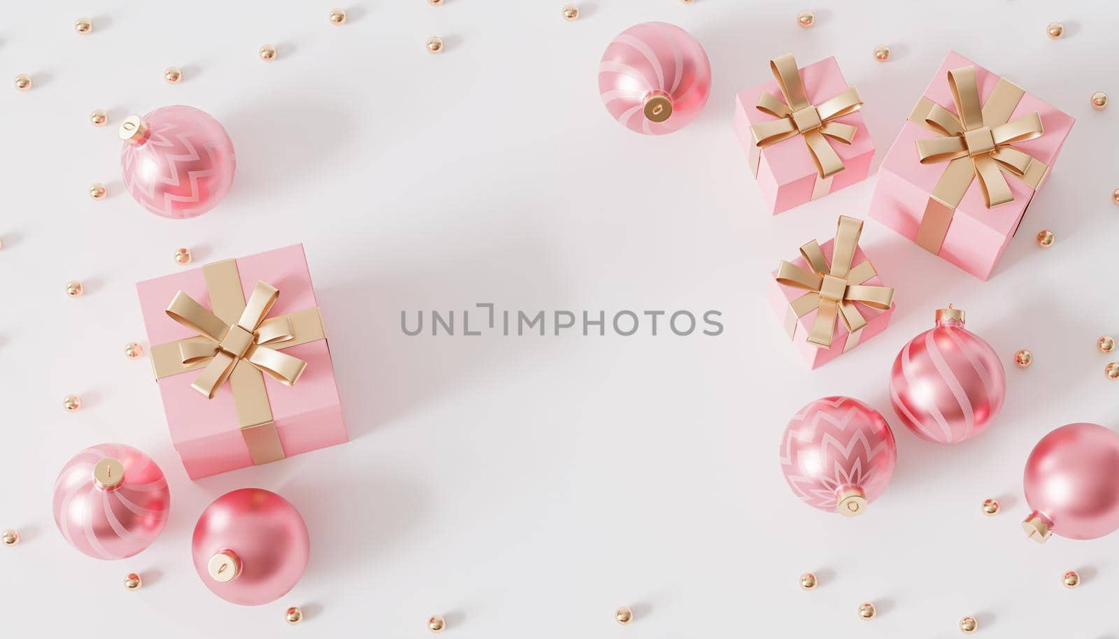 Pink gift boxes with golden ribbon and baubles on white background, 3d render by Frostroomhead