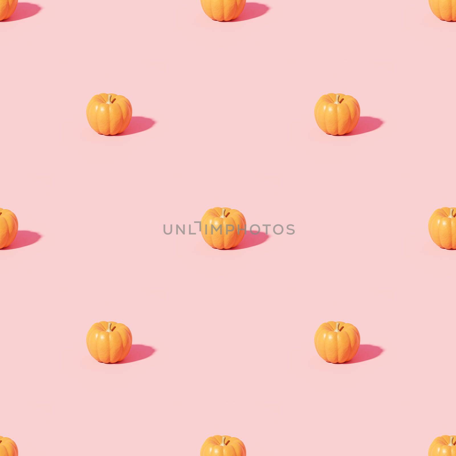 Pumpkins pattern on pink background for advertising on autumn holidays or sales, 3d render