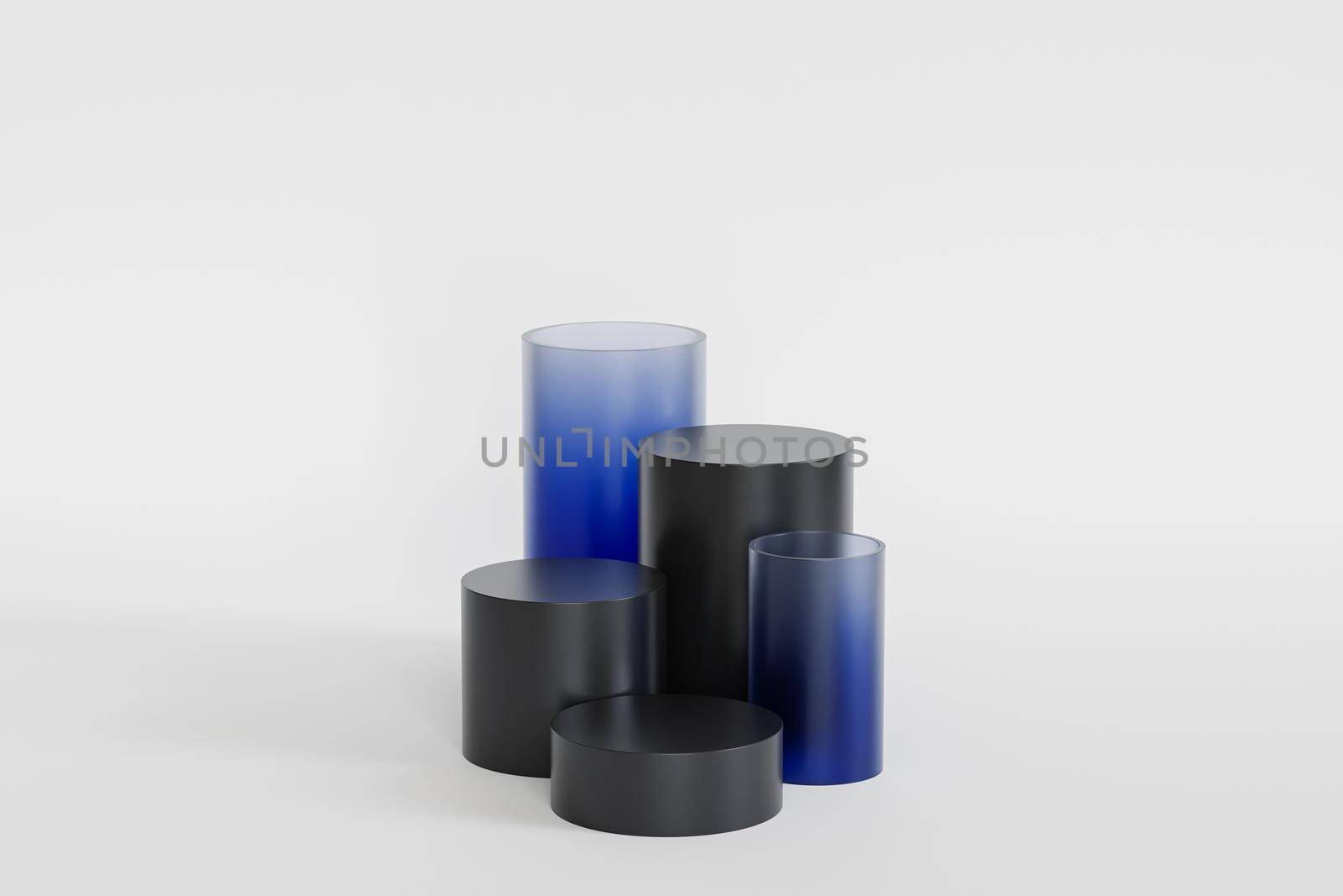 Black podiums or pedestals for products or advertising with blue glass on white background, 3d render