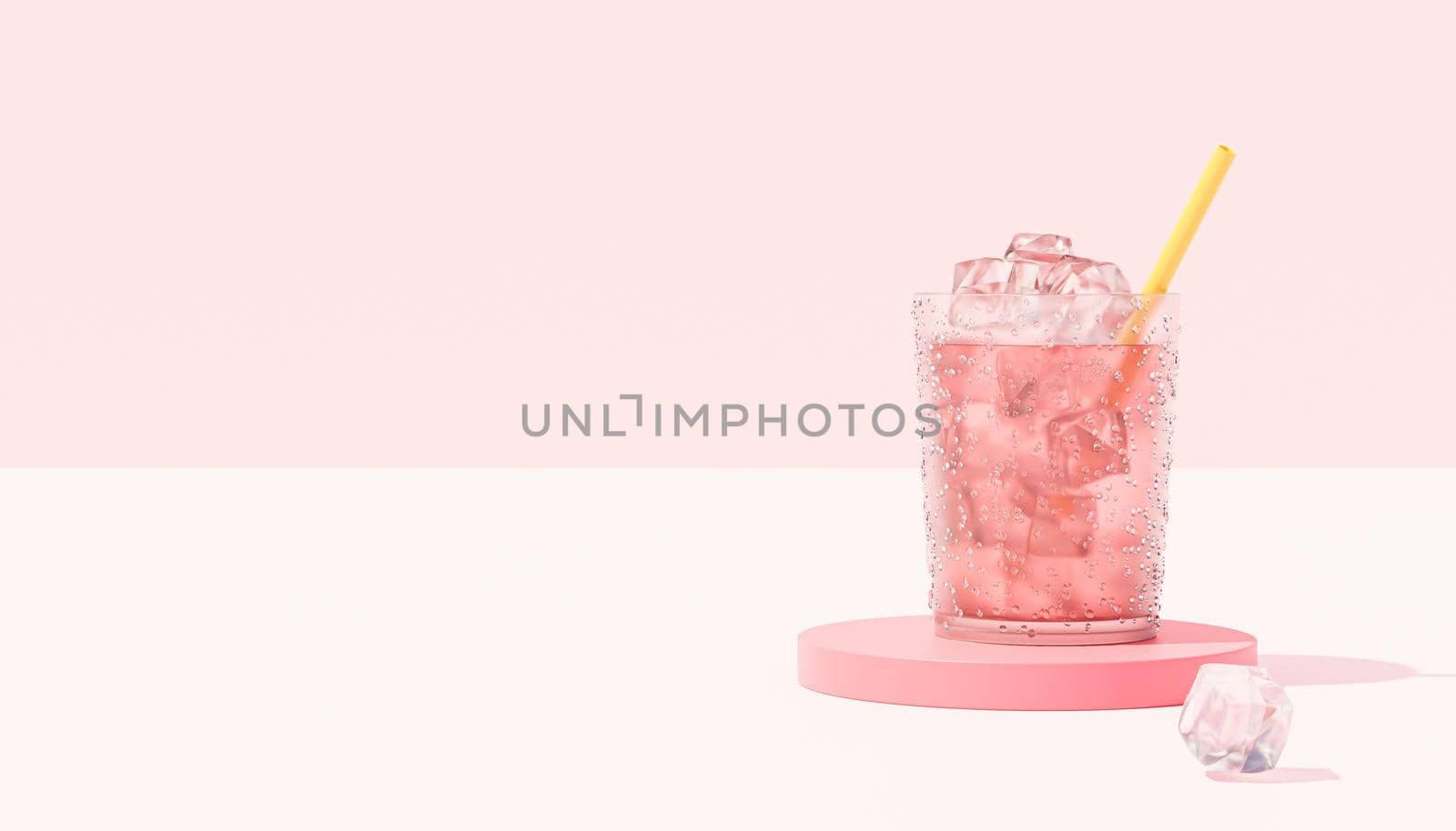 Drink in glass with ice and straw on pink background, copy space, 3d render