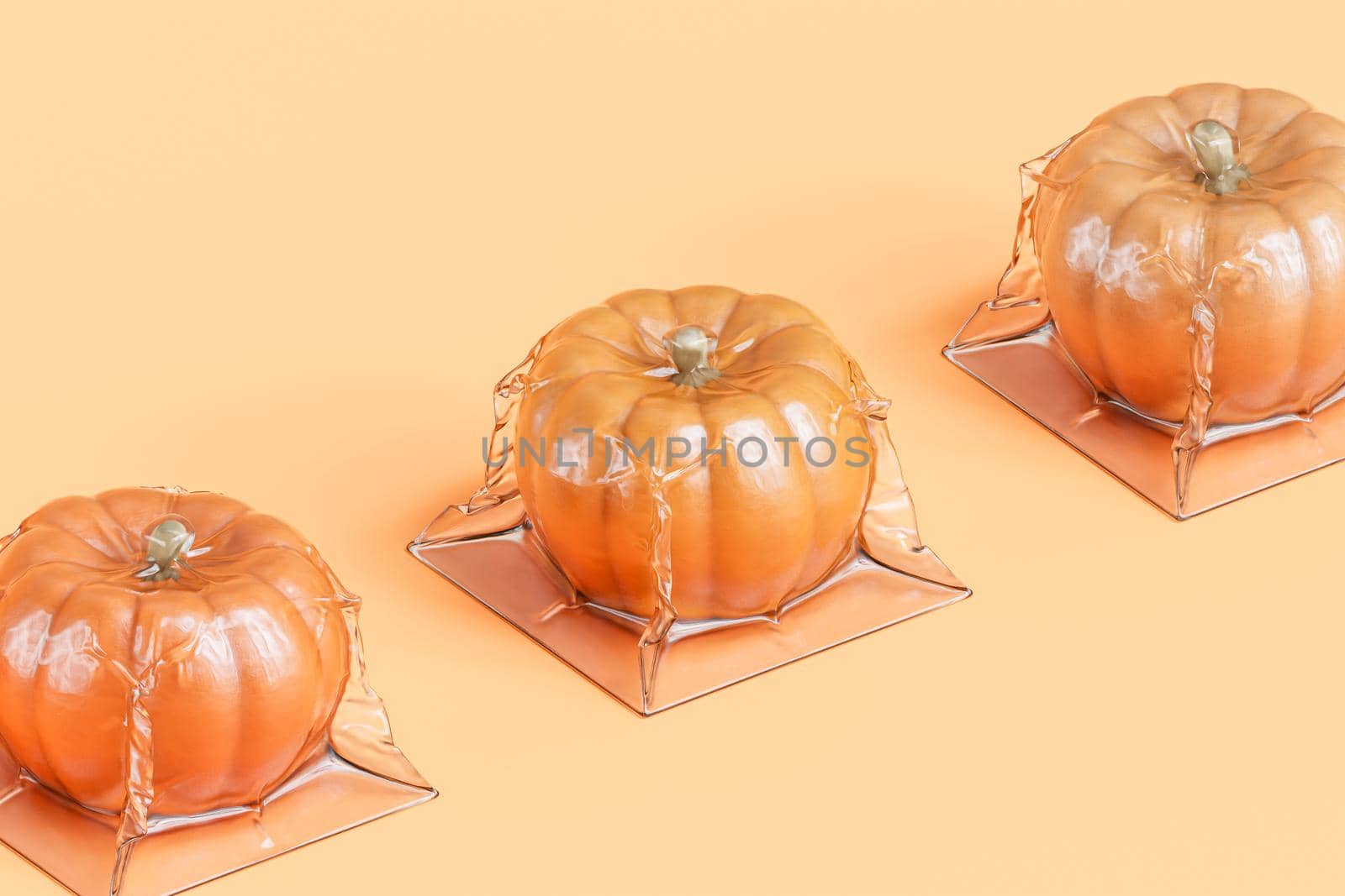 Pumpkins in vacuum packaging on beige background for advertising on autumn holidays or sales, 3d render