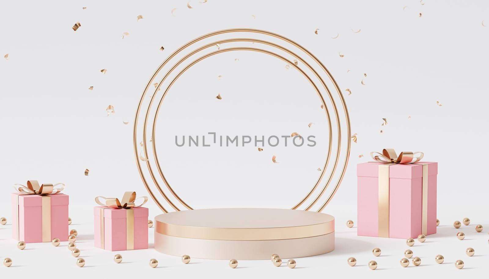 Golden podium or pedestal for products or advertising with gift boxes and confetti, 3d render by Frostroomhead