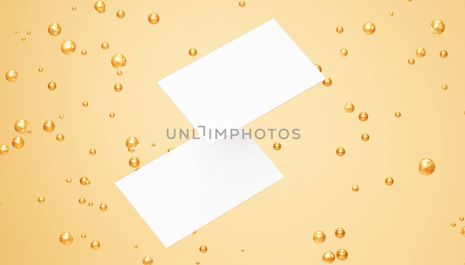 White blank business cards mockup with golden spheres on beige background, 3d render template
