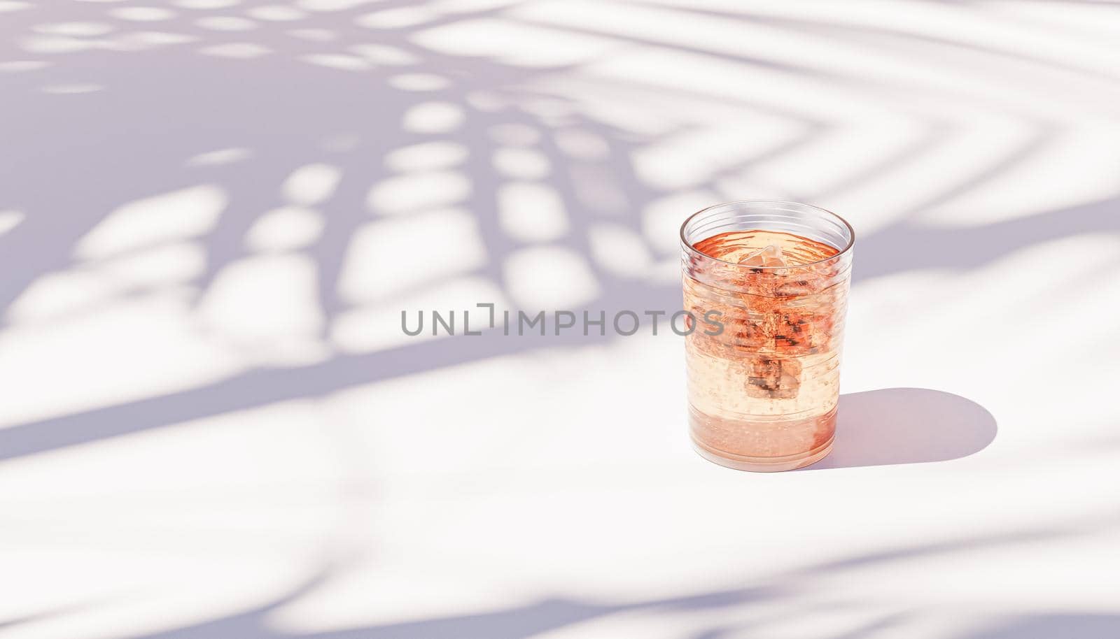 Drink with ice cubes in glass on white background with tropical leaf shadows, 3d render