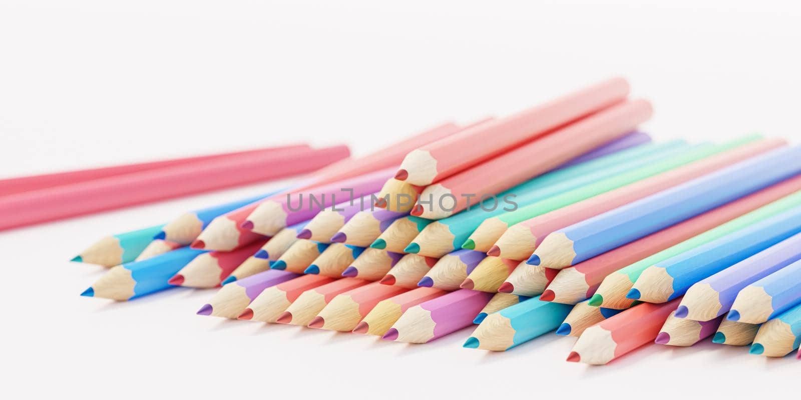 Colorful pencils on white background, closeup, 3d render by Frostroomhead