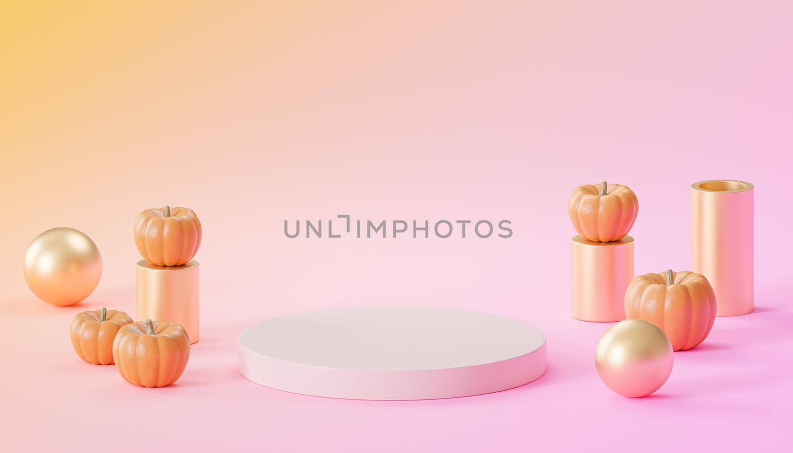 Podium or pedestal with pumpkins for products display or advertising for autumn holidays on pink and orange background, 3d render
