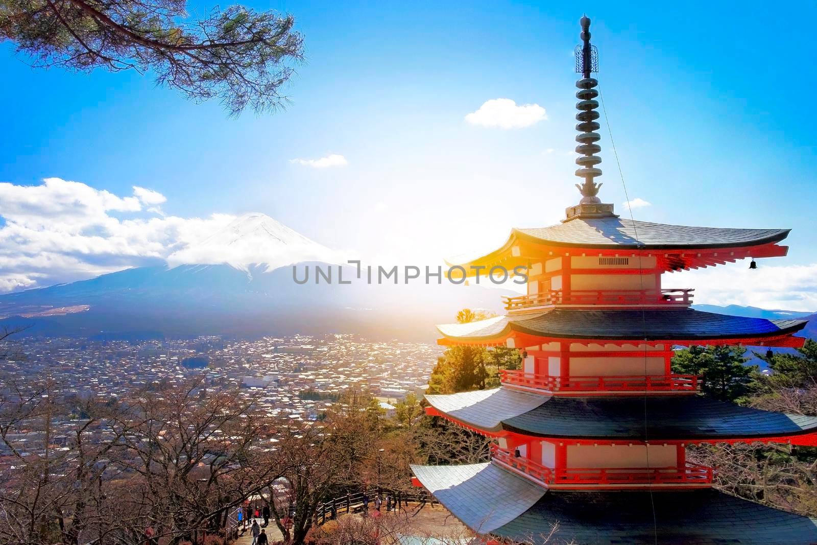 Mt. Fuji with red pagoda in winterand sunlight, Fujiyoshida, Japan