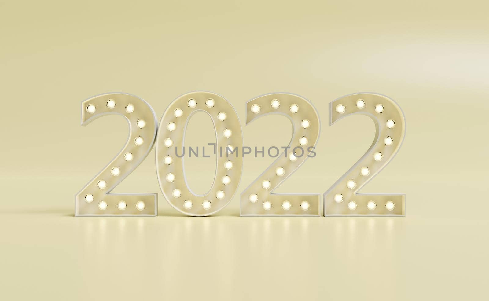 light bulb sign with the number 2022 for new year celebration and golden background. 3d rendering