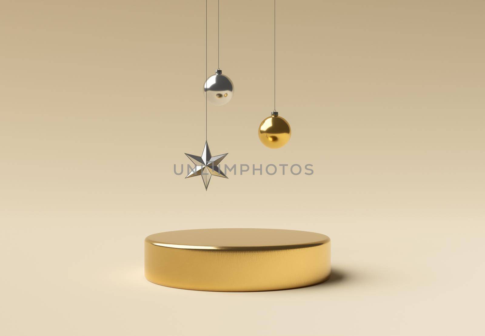 golden cylinder with christmas ornaments on top for product display 3d rendering
