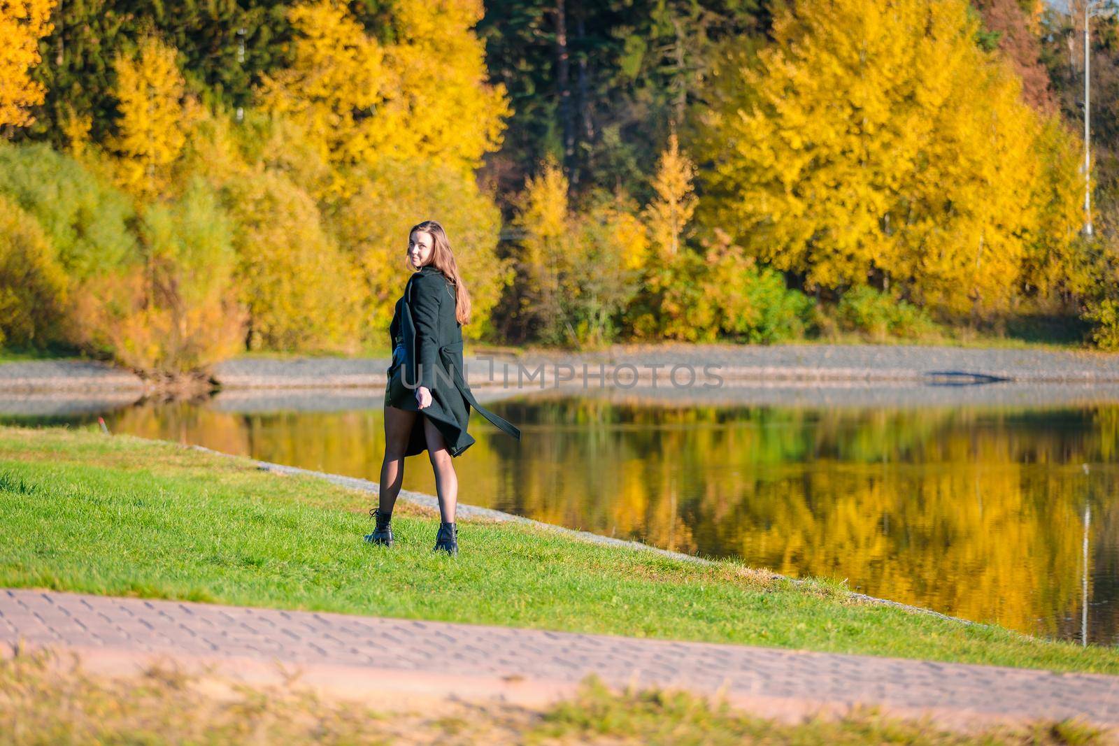 A woman with long hair walks in an autumn park by the pond. Autumn season.