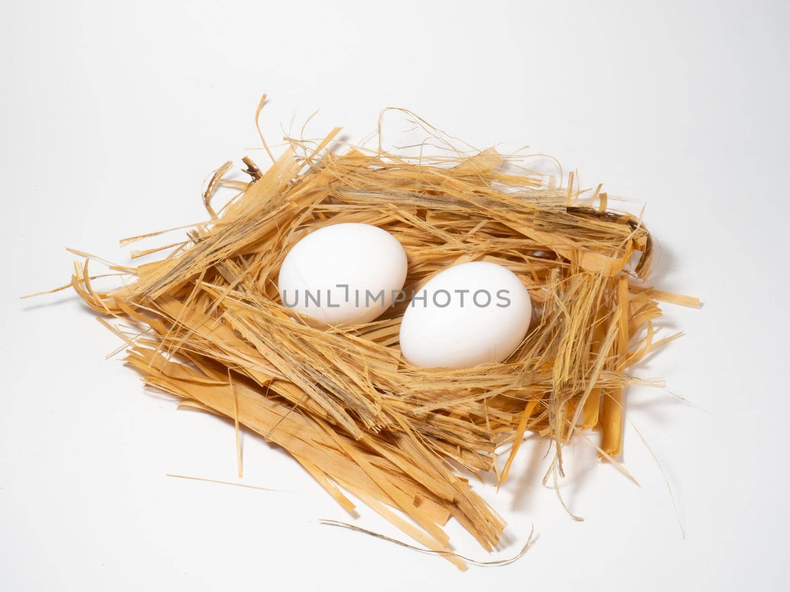Chicken egg lies in straw
