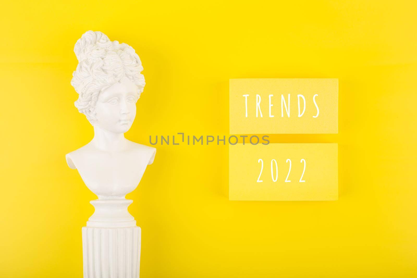 Trends 2022 written on rectangles on bright yellow background next to woman gypsum figure by Senorina_Irina