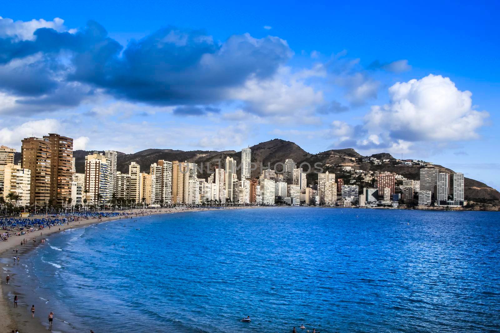 Beautiful panoramic view of Levante beach and skyscrapers in the background on a beautiful day of Autumn.