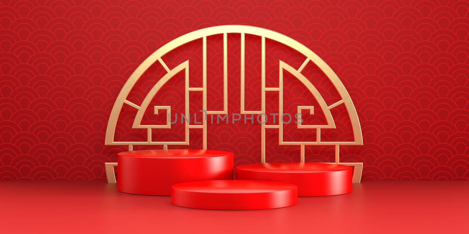 Chinese New Year red modern style three podium product showcase with golden emblem and China pattern background. Holiday traditional festival banner concept. 3D illustration render graphic design