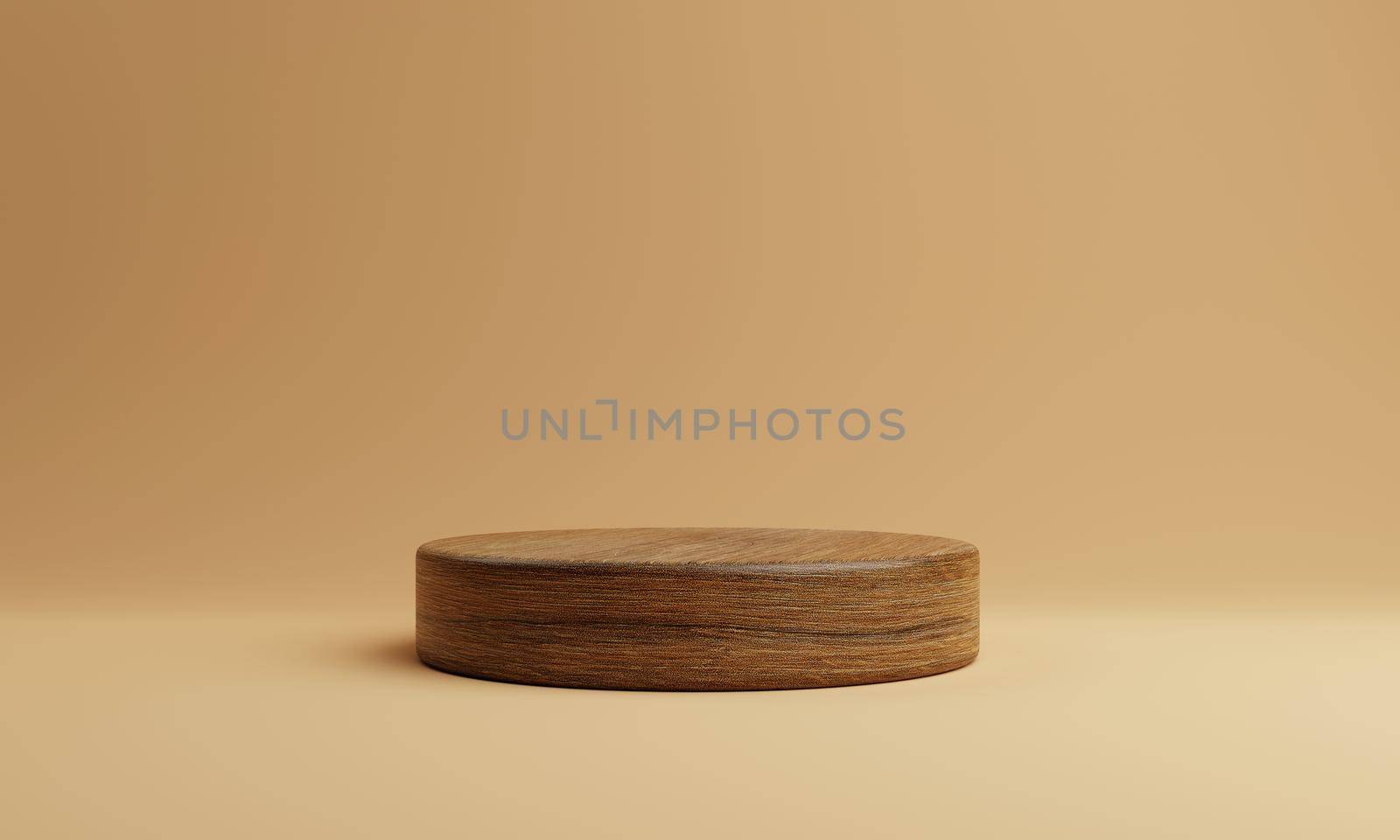One brown wooden round cylinder product stage podium on orange background. Minimal fashion theme. Geometry exhibition stage mockup concept. 3D illustration rendering graphic design