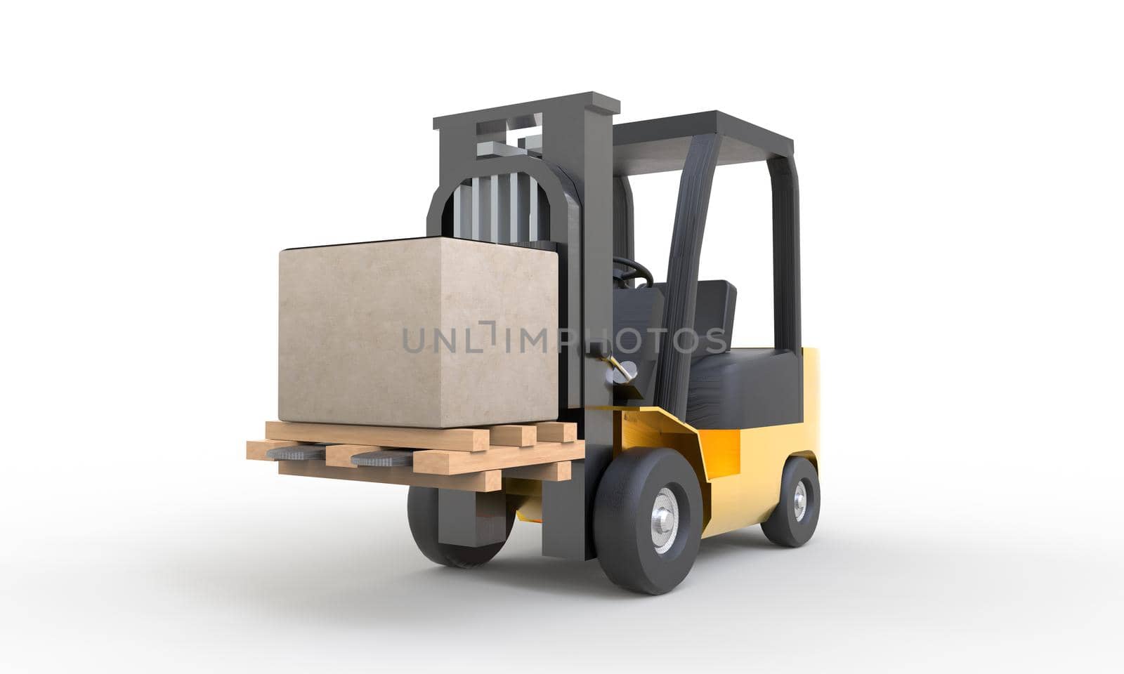 Yellow forklift moving and lifting up cardboard box pallet on white background. Transportation and Industrial concept. Shipment and delivery storage. 3D illustration rendering