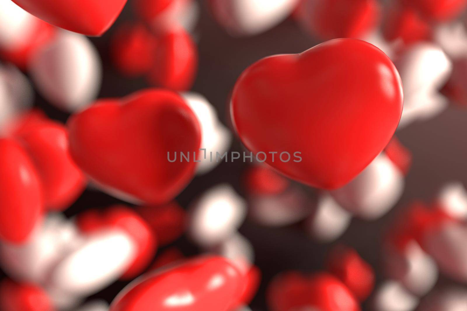 Group of red and white candy Valentines heart floating on chocolate background as sweet candy rainy. Holiday and affection love concept passion. Greeting card and celebration theme. 3D illustration