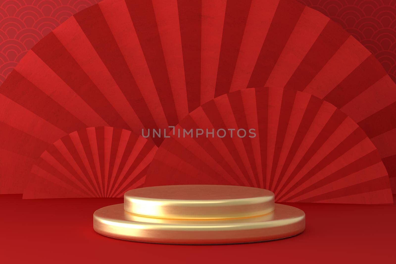 Chinese New Year style red one podium product showcase with gold circular shape with China fold fan and pattern scene background. Holiday traditional festival concept. 3D illustration rendering