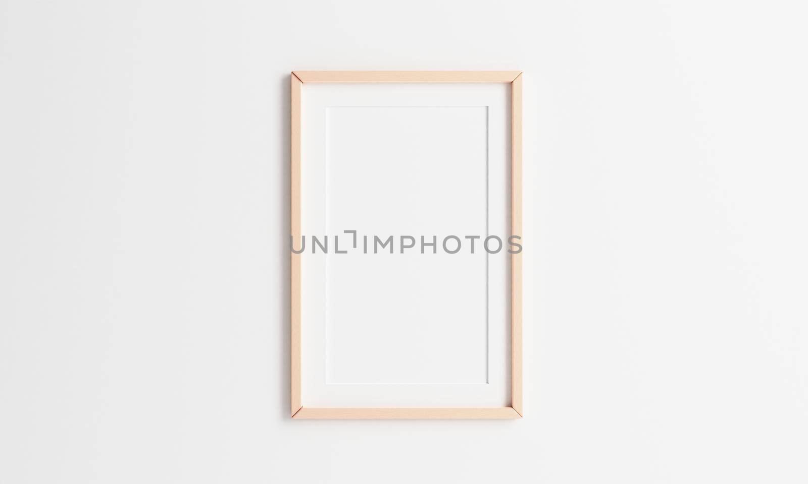 Wooden picture frame hanging on white wall background. 2:3 ratio photo frame size. 3D illustration rendering graphic interior design