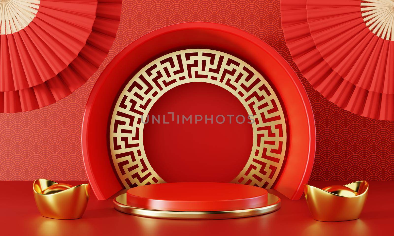 Chinese New Year red podium stage with gold ingot and hand-folded fan background. Chinese pattern style in middle with product presentation exhibition display backdrop. 3D illustration rendering.