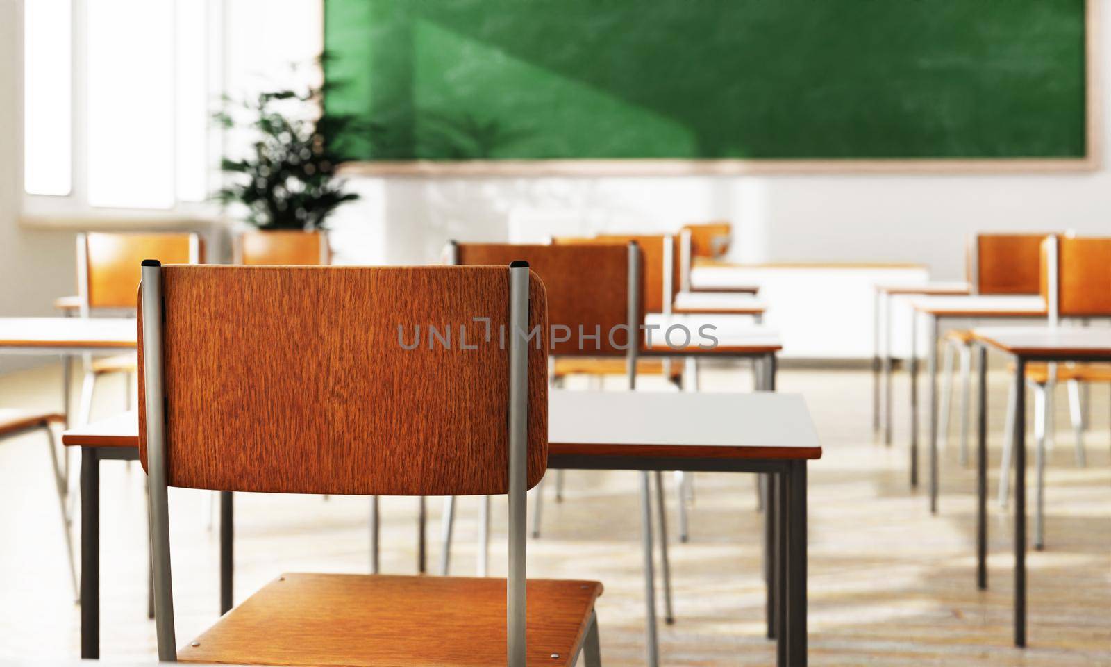 Closeup student chair back seat and desk in classroom background with on wooden floor. Education and Back to school concept. Architecture interior. Social distancing theme. 3D illustration rendering