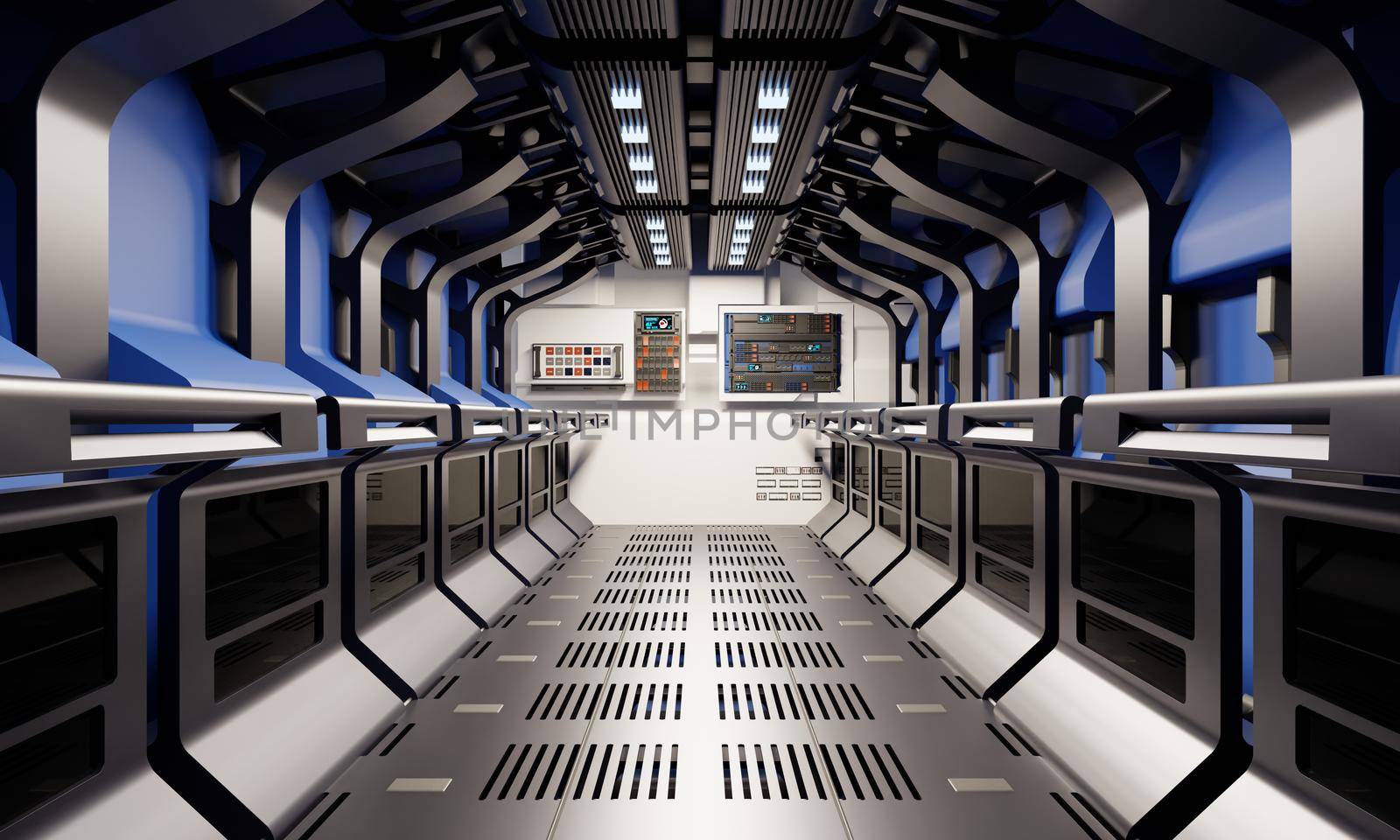 Spaceship hallway and secret basement corridor interior with blue and silver grey color background. Modern technology and astrology science concept. 3D illustration rendering graphic design