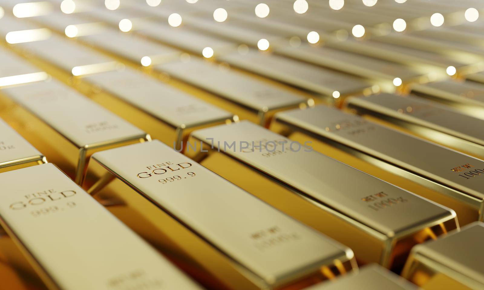 Shiny pure gold bars in a row background. Wealth and economic concept. Business gold future investment and money saving theme. 3D illustration rendering graphic design