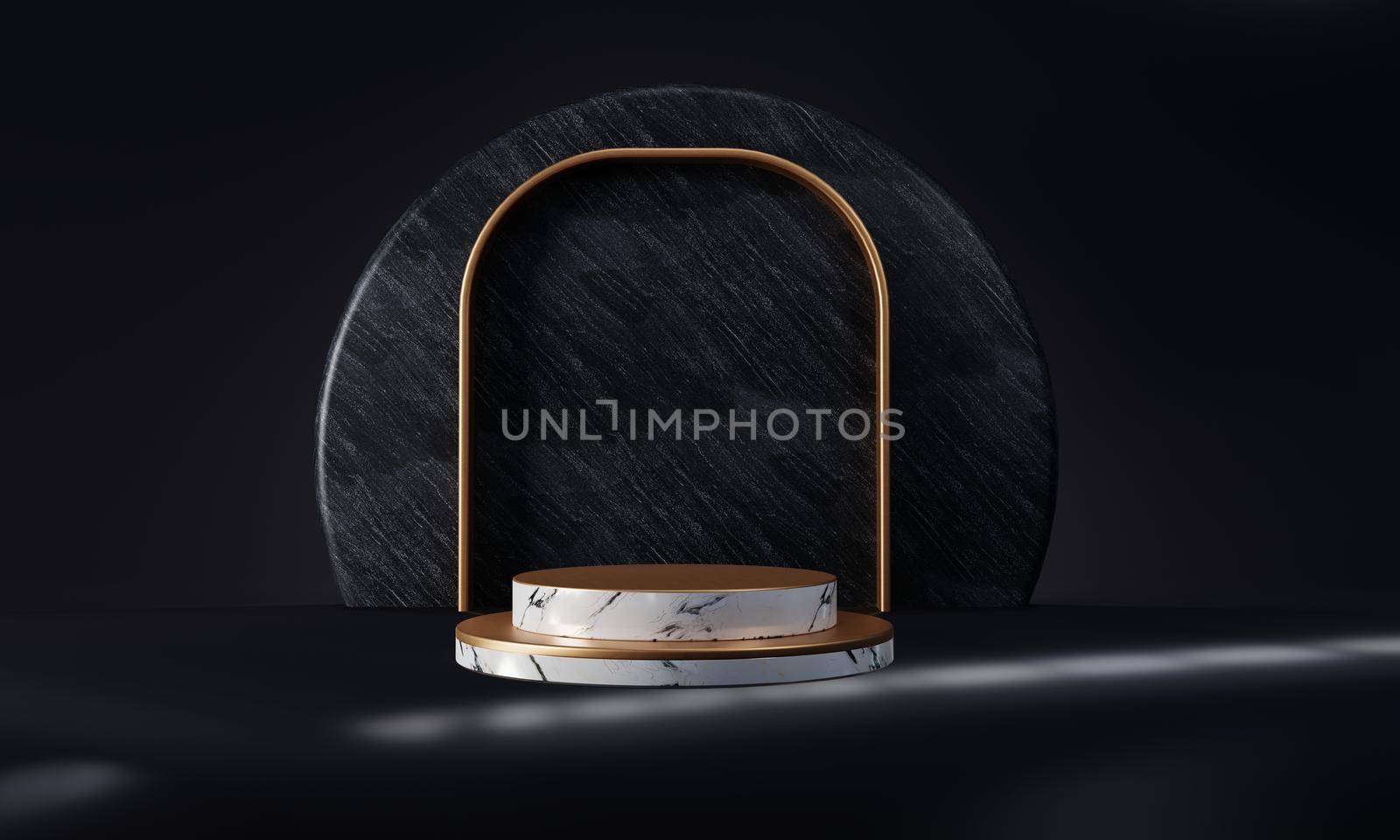 White marble and golden product stage podium on dark blue background with shine light window. Minimal fashion. Geometry concept. Exhibition business marketing presentation. 3D illustration rendering