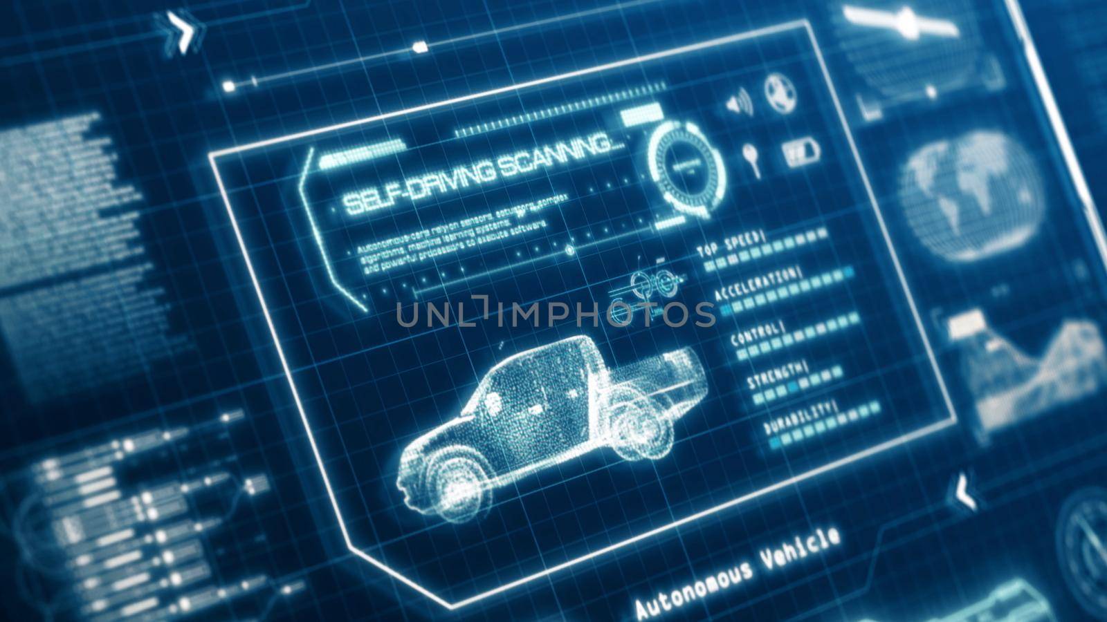 HUD self-driving vehicle pickup truck car specification scanning test user interface on computer screen pixel display panel background. Blue hologram holographic sci-fi tech concept. 3D illustration
