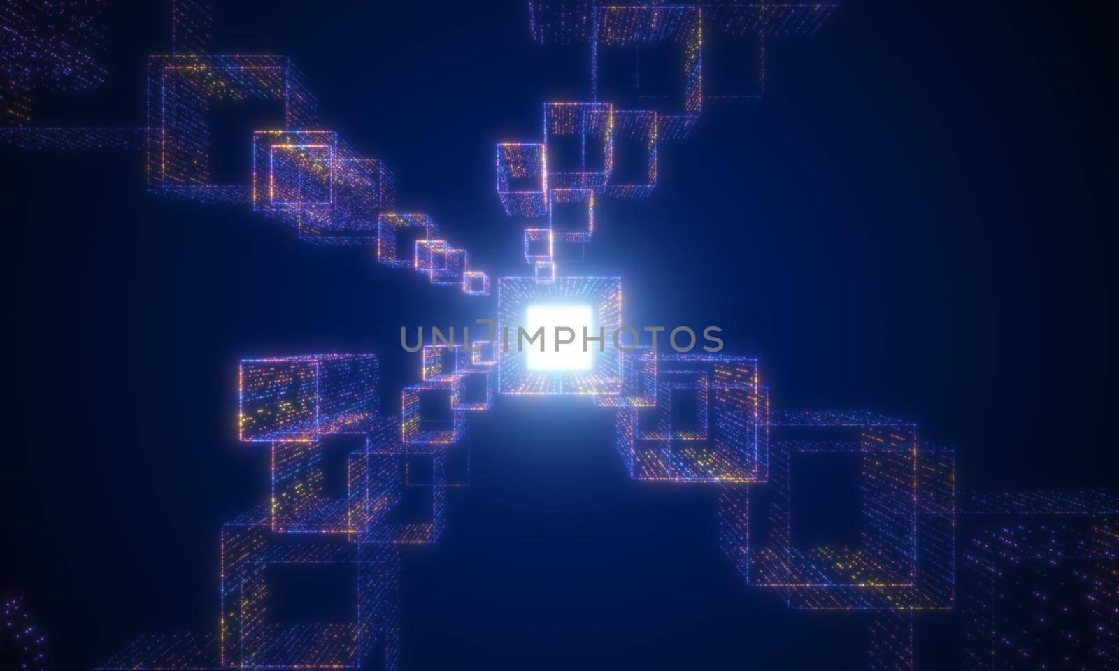 Digital glowing particles tunnel network abstract background. Futuristics technology and computer big data concept. Cyberspace and cyberpunk theme. 3D illustration rendering graphic design