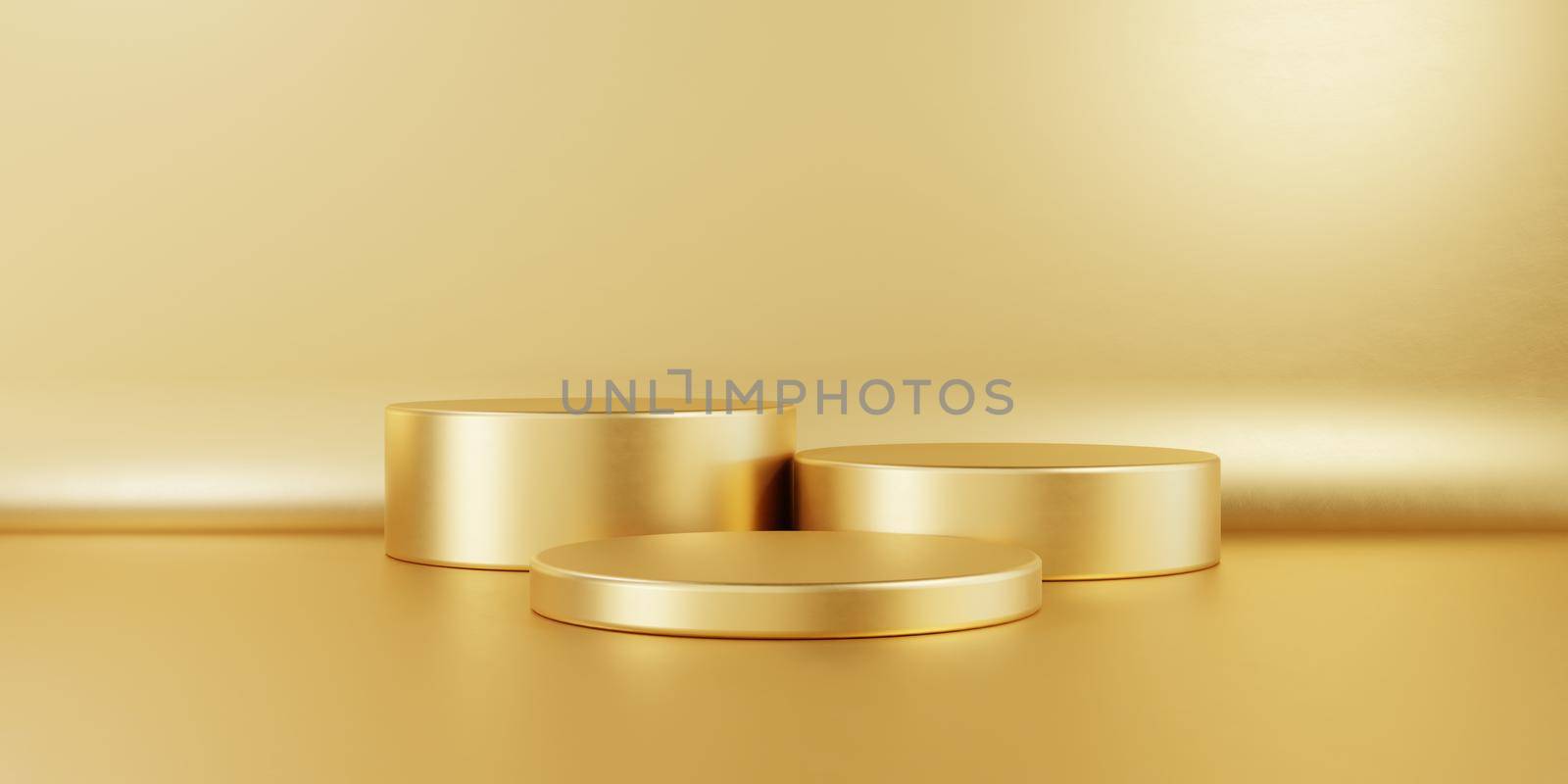 Golden three cylinder product stage podium table on gold background. Abstract minimal fashion and cosmetic advertisement stage mockup concept. Award backdrop. 3D illustration rendering graphic design by MiniStocker