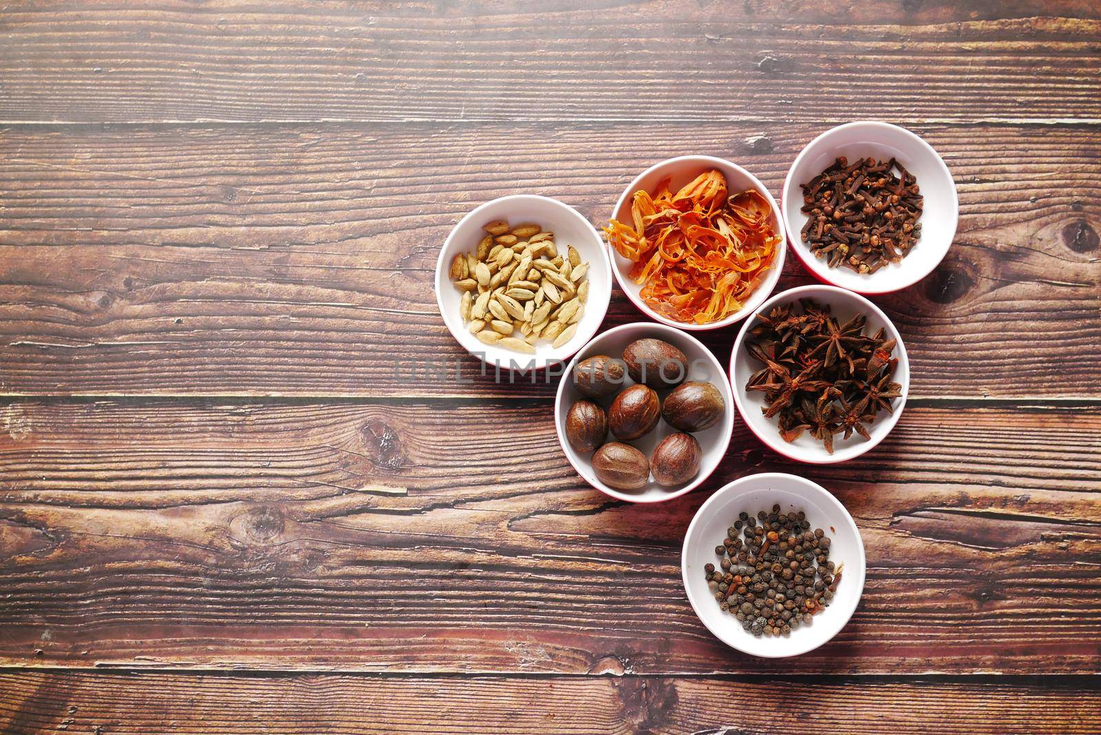 Spices collection in a container on table