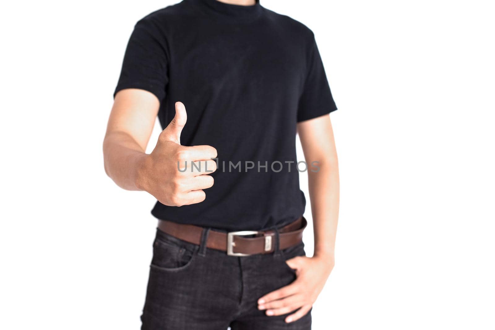 Man give thumbs up on isolated white background. Cheerful and success of people concept. Casual and Jeans theme