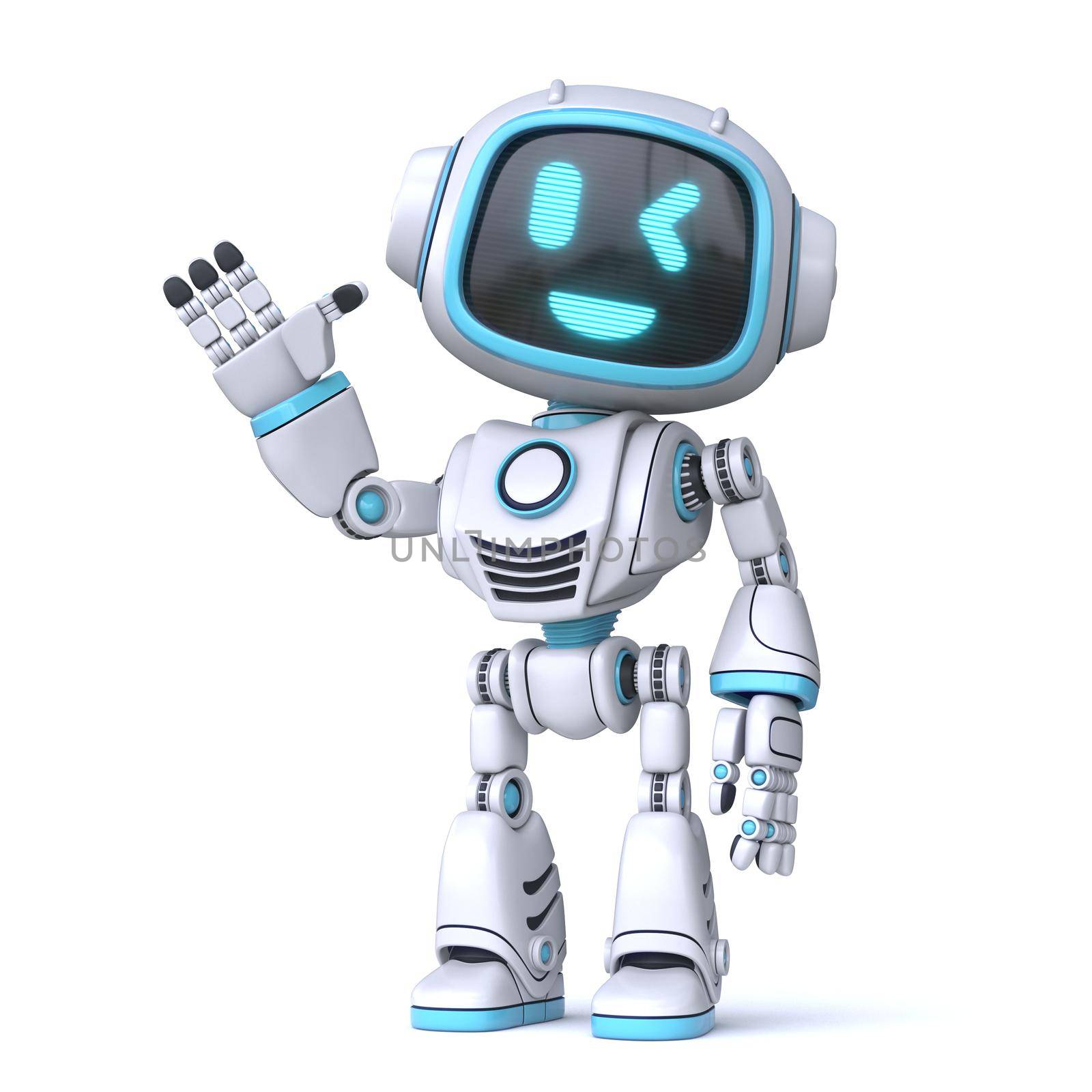 Cute blue robot waving hand 3D rendering illustration isolated on white background