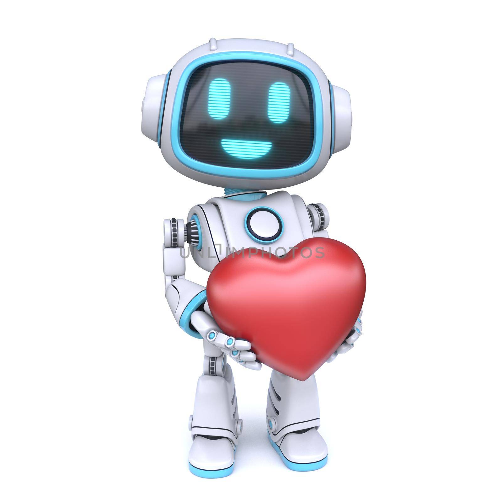 Cute blue robot holding red heart 3D rendering illustration isolated on white background