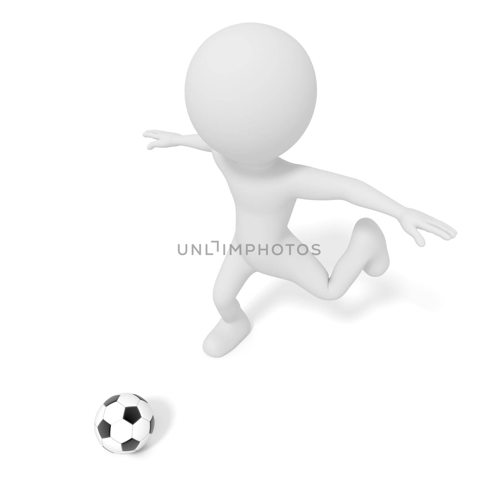 White man kicking soccer ball or football in competition match game. 3D illustration. People Model rendering graphic. isolated white background. Football league and World cup concept. Cartoon theme