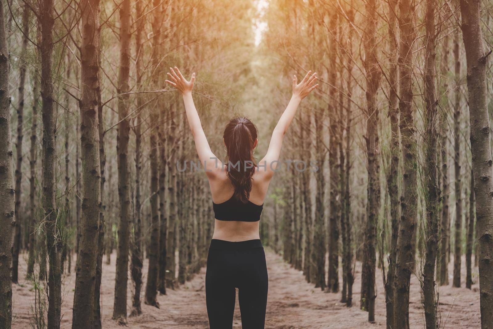 Beautiful slim female runner do stretching arms and warm up to running in peaceful forest in morning. Workout and exercise concept. Healthy in nature concept. Pine woods in autumn seasonal theme.