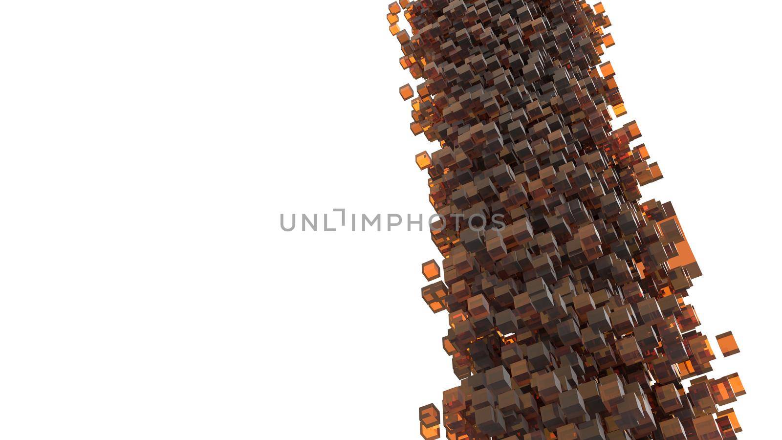 Storm of orange cubes falling from sky. Abstract and 3D concept. Isometric Geometry theme. Creative idea for modern design. Copy space or blank for insert text and message.