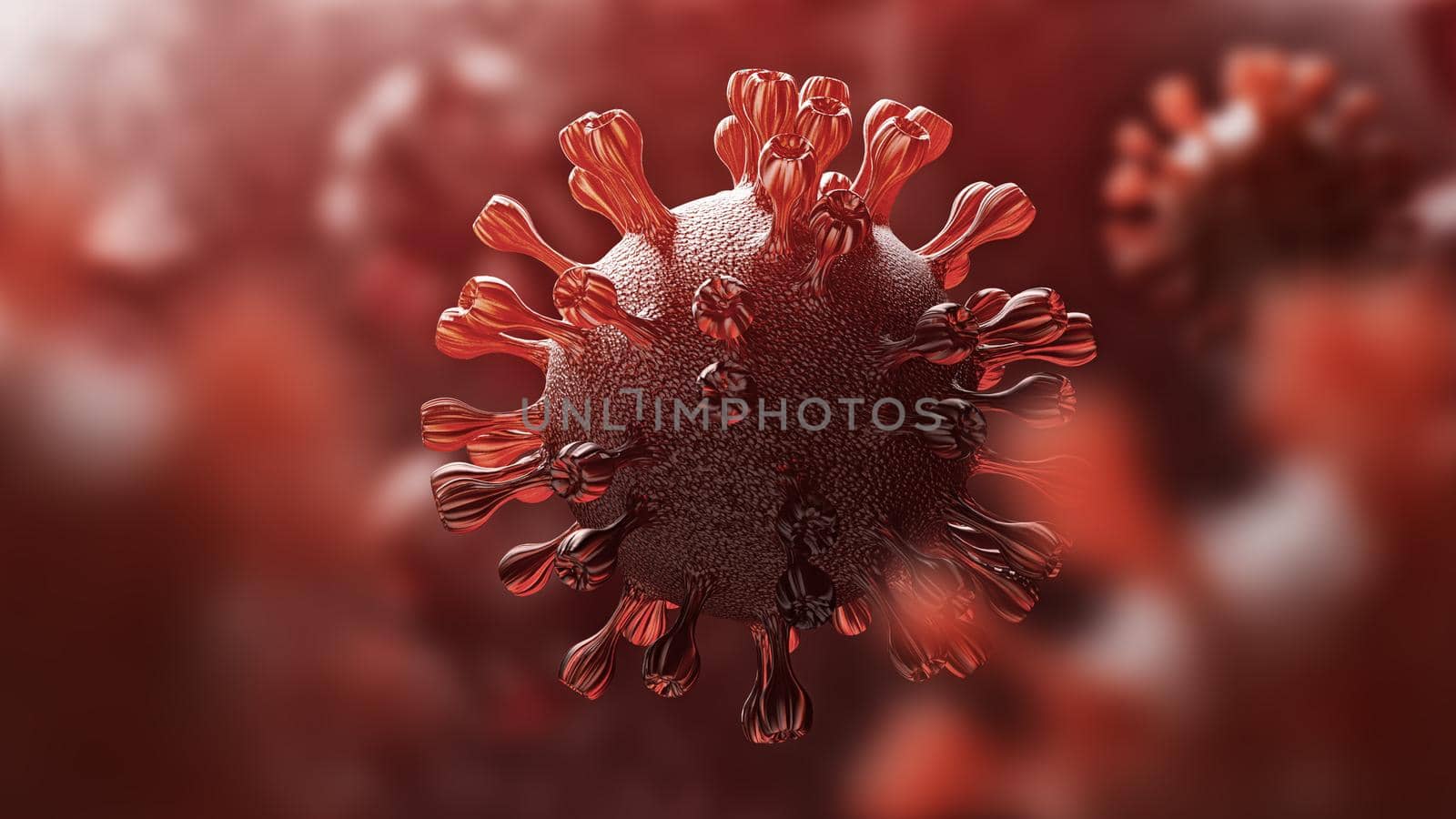 Super closeup Coronavirus COVID-19 in human lung body background. Science and microbiology concept. Red Corona virus outbreak epidemic. Medical health and virology. 3D illustration rendering