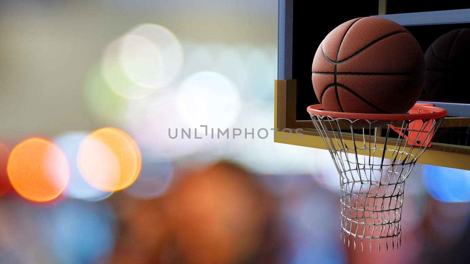 Basketball going into hoop on beautiful bokeh of colorful stadium light background. Sport and Competitive game concept. 3D illustration.