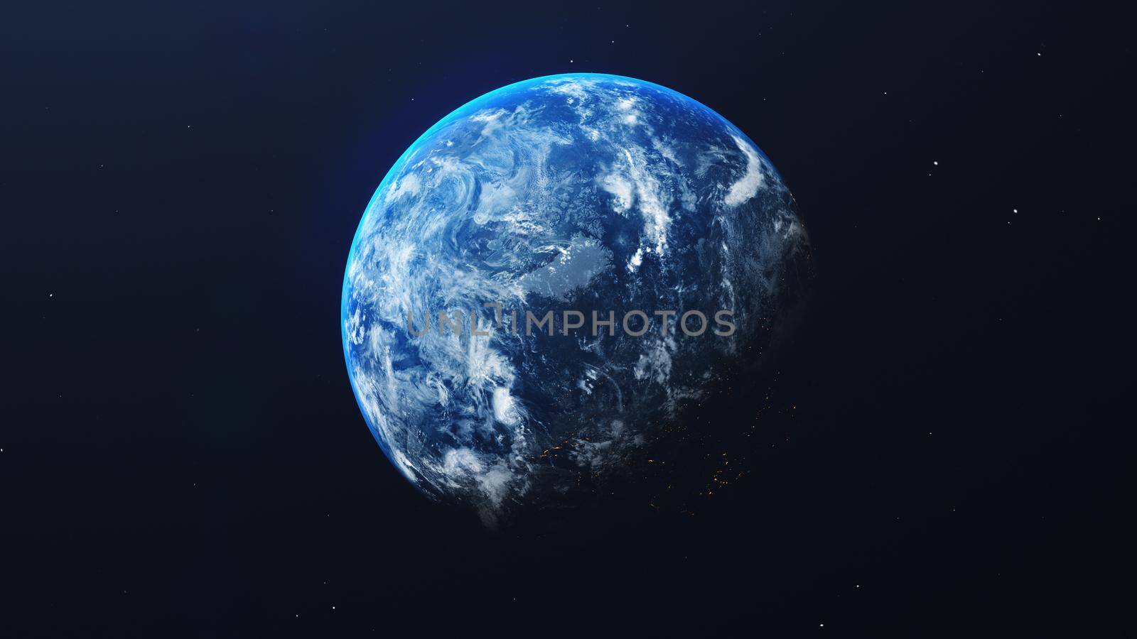 Earth in space view with shining sunrise in universe and galaxy background. Nature  and World environment concept. Science and globe. Fantasy sky atmosphere. 3D illustration render