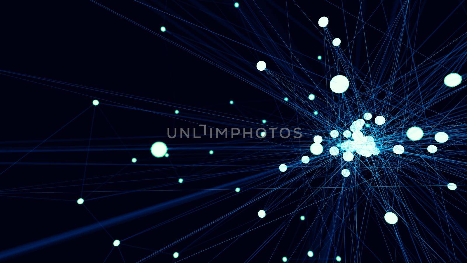 Abstract blue futuristic technology network node. Cable data line transmission links and communication structure concept. Neurons and electron theme element. 3D illustration.