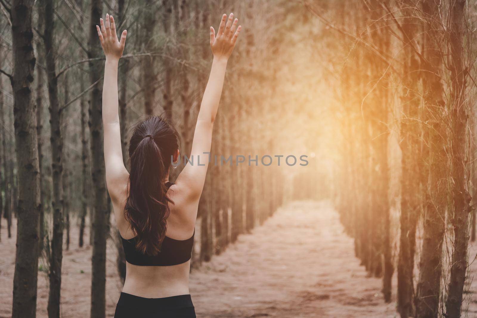 Asian young woman doing yoga and spreading arms in forest. Back view. Nature and Healthy Sport concept. Inhale fresh air in the morning at outdoors park. Jogging and Running theme. Adventure theme.