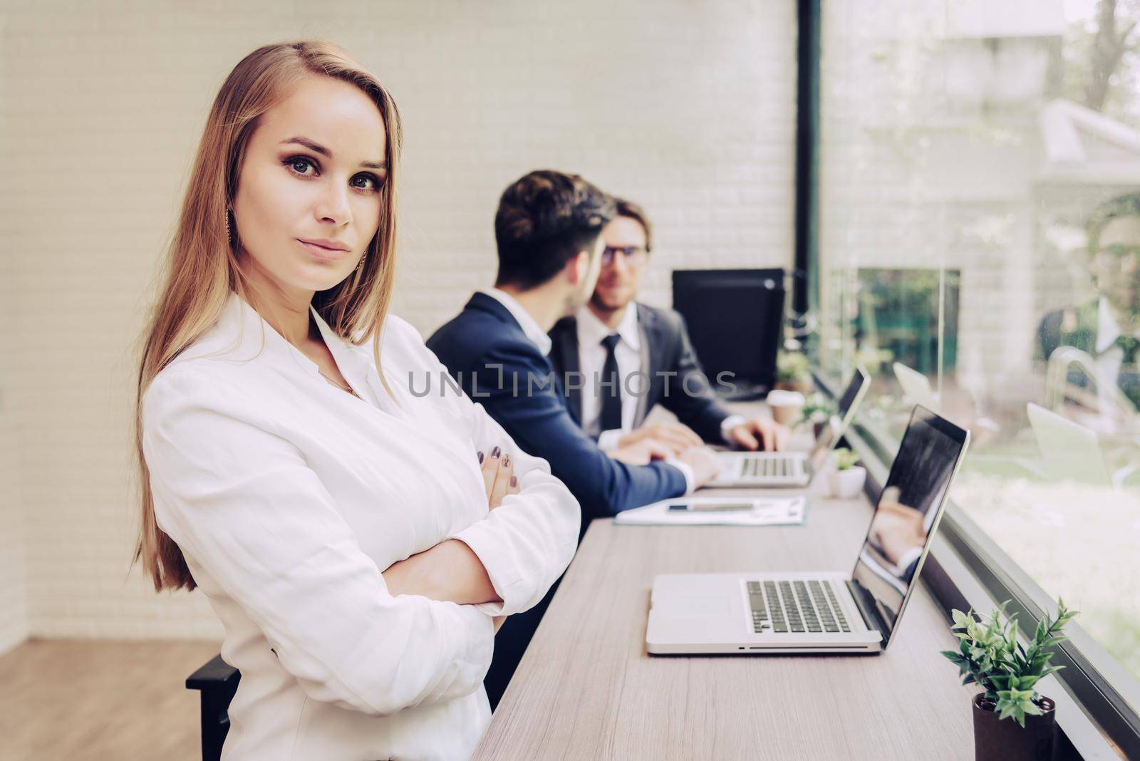 Business woman working with business team by laptop computer. Beauty and Technology concept. Smart lady and working woman theme. Office and happy life theme.