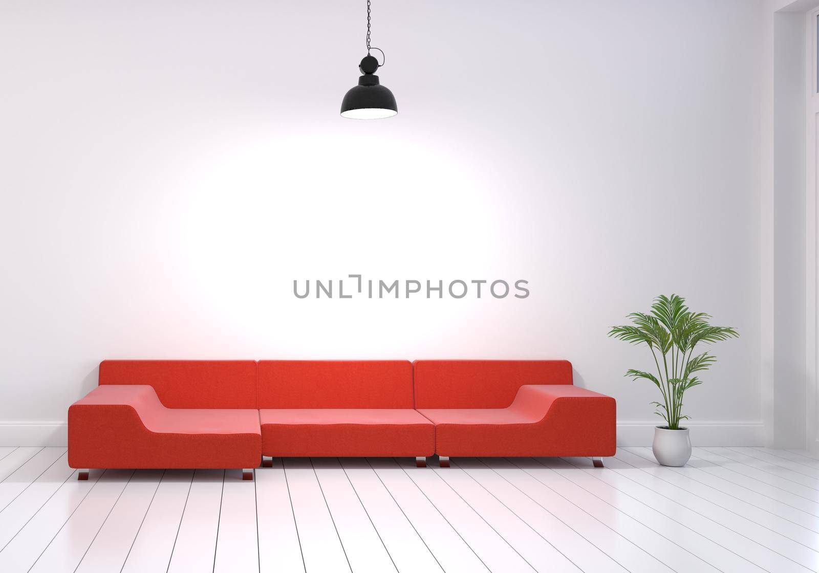 Modern interior design of living room with red sofa and plant pot on white glossy wooden floor. Turn on hanging lamp on wall. Home and Living concept. Lifestyle theme. 3D illustration rendering.