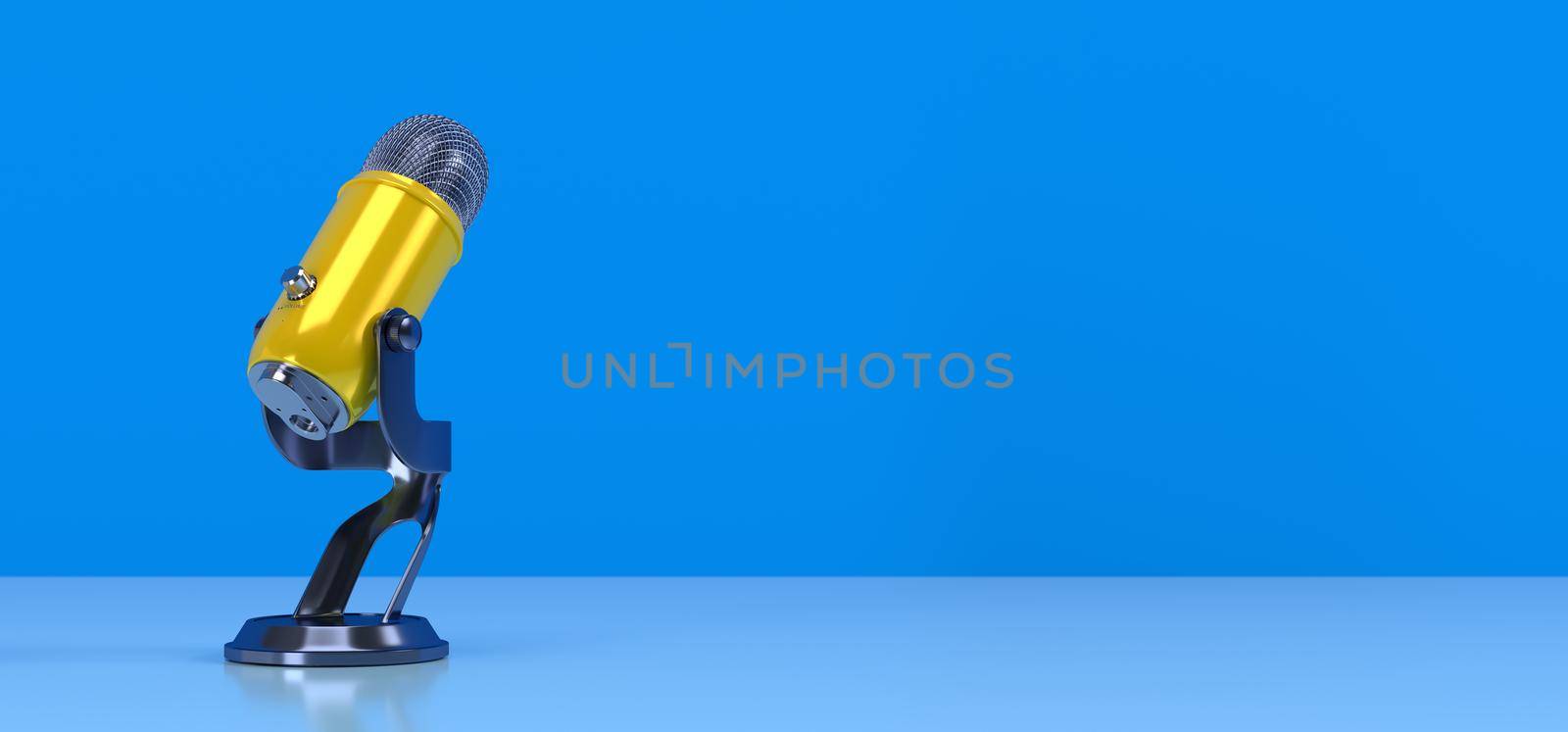 Yellow PODCAST Microphone on blue background. Entertainment and online video conference concept. 3D illustration rendering