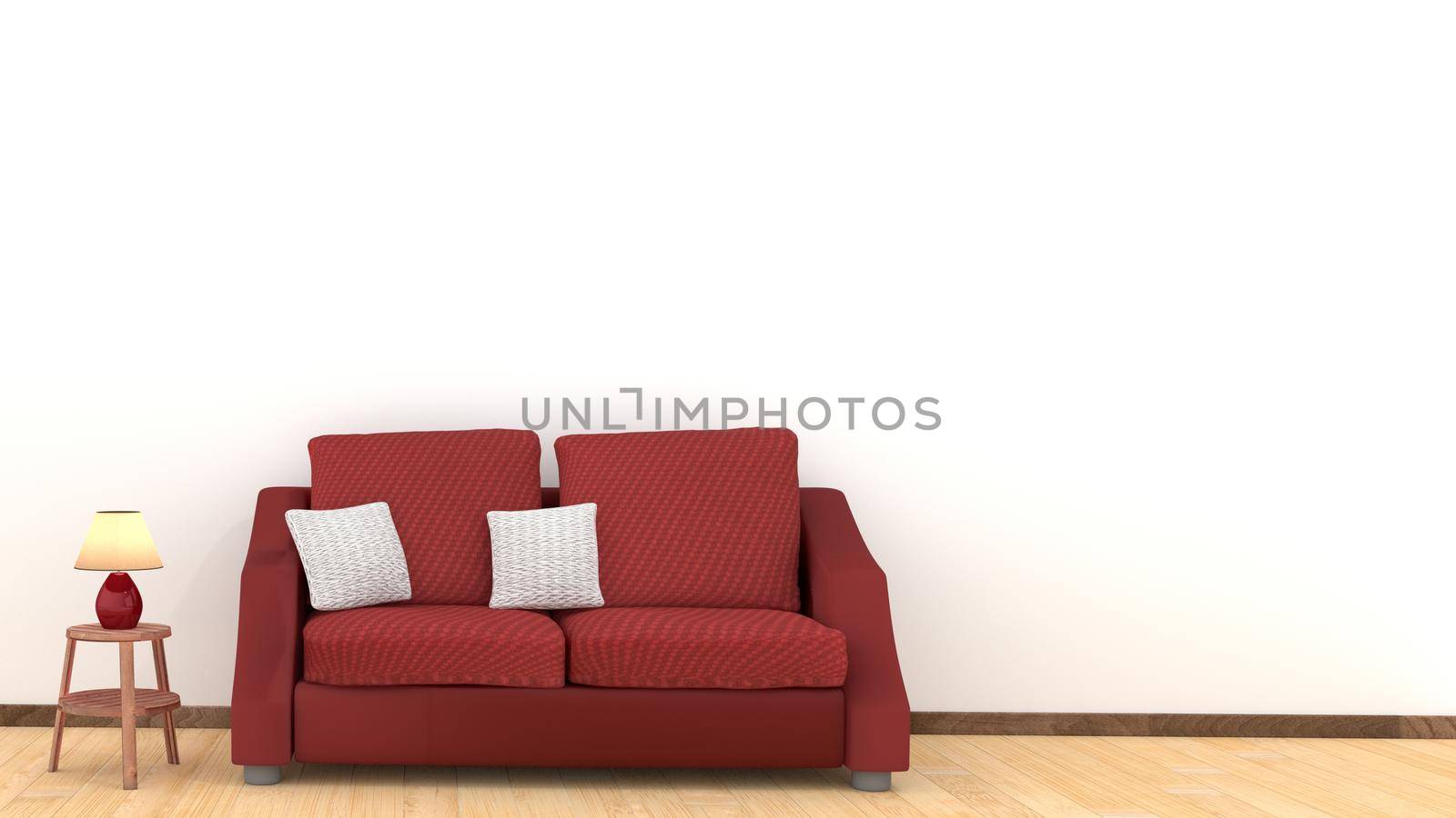 Modern interior design of living room with red sofa on wooden floor. White cushions and lamp on wooden table elements. Home and Living concept. Lifestyle theme. 3D illustration rendering.