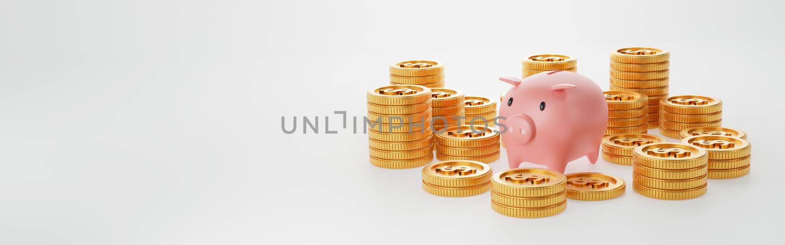 Piggy bank with gold coin on isolated white background. Panorama wide angle cover banner with copy space on left side. Money saving and business economic investment concept. 3D illustration rendering by MiniStocker