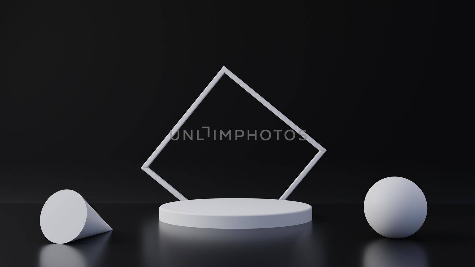 White product stand on black background. Abstract minimal geometry concept. Studio podium platform theme. Exhibition and business marketing presentation stage. 3D illustration rendering graphic design