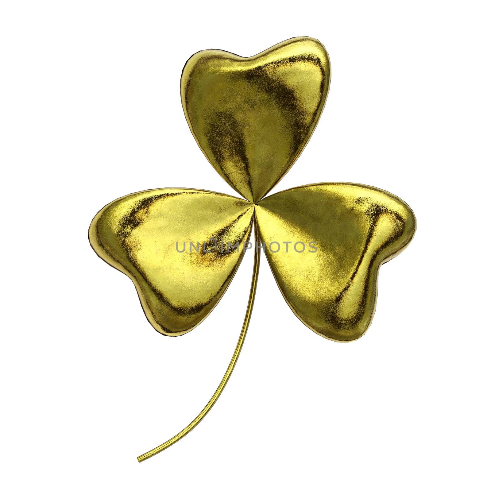 Gold shamrock on isolated white background. Object and Nature concept. Saint Patrick day theme. 3D illustration rendering. Clipping path use